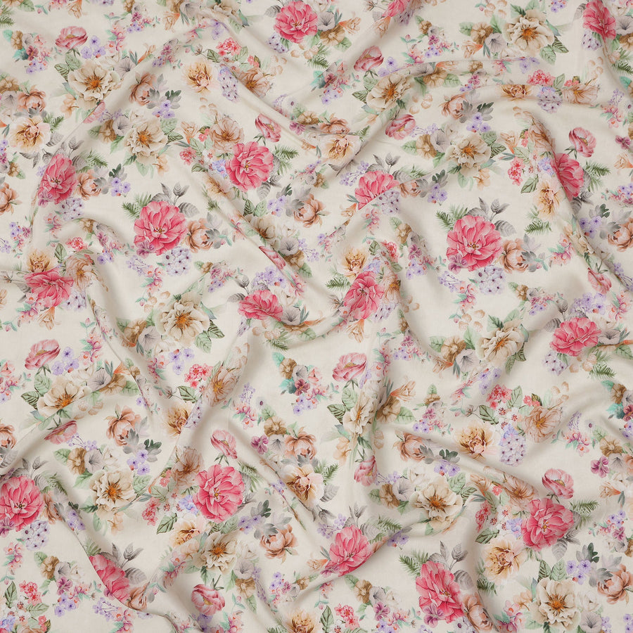 Ivory Cream Floral Print Viscose Crepe Fabric with Pink and Beige Rose Motifs, 110 Cms Width, Made in India-D24249