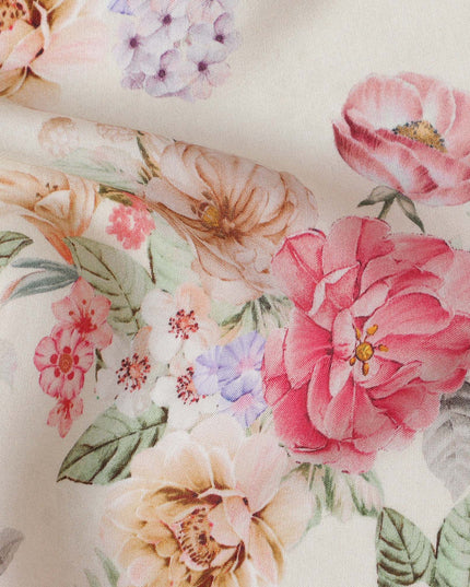 Ivory Cream Floral Print Viscose Crepe Fabric with Pink and Beige Rose Motifs, 110 Cms Width, Made in India-D24249