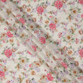 Ivory Cream Floral Print Viscose Crepe Fabric with Pink and Beige Rose Motifs, 110 Cms Width, Made in India-D24249