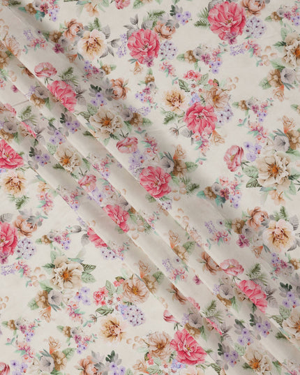 Ivory Cream Floral Print Viscose Crepe Fabric with Pink and Beige Rose Motifs, 110 Cms Width, Made in India-D24249