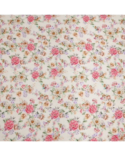 Ivory Cream Floral Print Viscose Crepe Fabric with Pink and Beige Rose Motifs, 110 Cms Width, Made in India-D24249