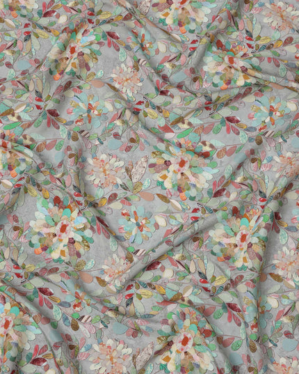 Dusty Blue Multicolor Abstract Floral Print Viscose Crepe Fabric with Mosaic Leaf Motifs, 110 Cms Width, Made in India-D24250 - Regal Fabrics