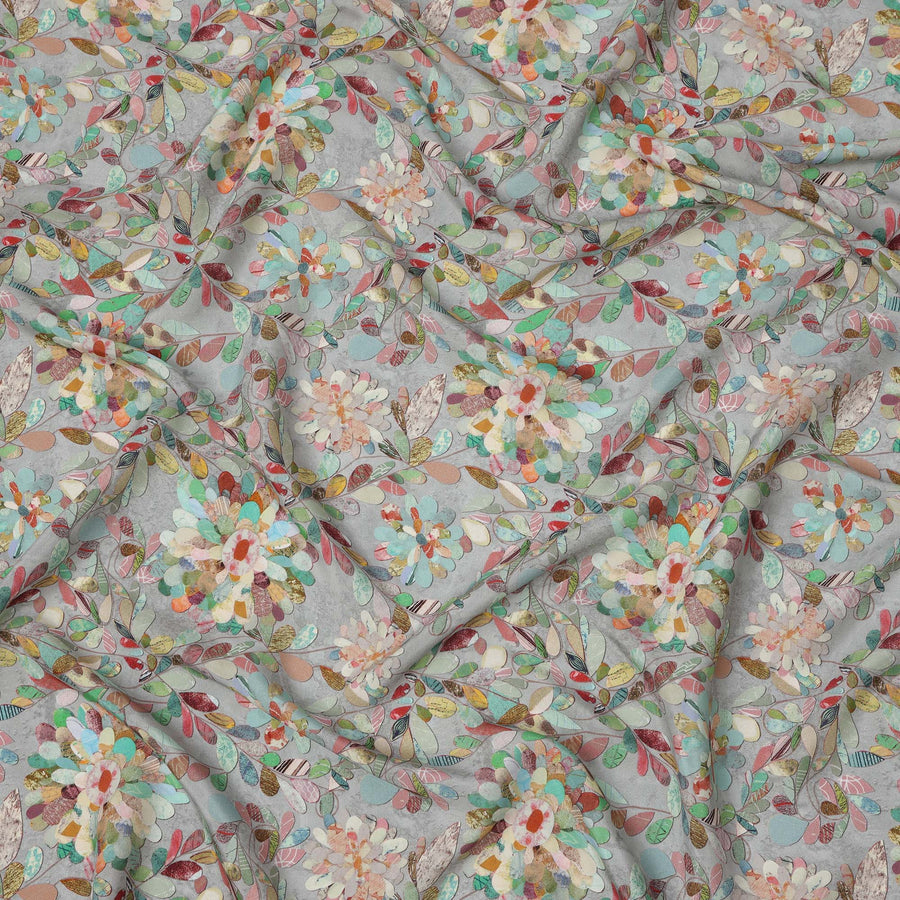 Dusty Blue Multicolor Abstract Floral Print Viscose Crepe Fabric with Mosaic Leaf Motifs, 110 Cms Width, Made in India-D24250 - Regal Fabrics