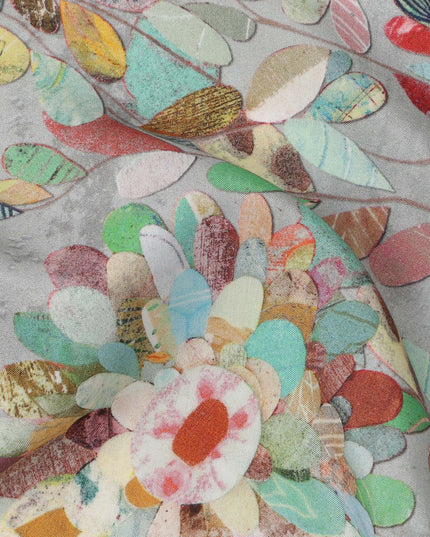 Dusty Blue Multicolor Abstract Floral Print Viscose Crepe Fabric with Mosaic Leaf Motifs, 110 Cms Width, Made in India-D24250 - Regal Fabrics