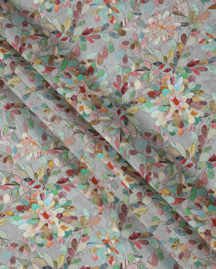 Dusty Blue Multicolor Abstract Floral Print Viscose Crepe Fabric with Mosaic Leaf Motifs, 110 Cms Width, Made in India-D24250 - Regal Fabrics