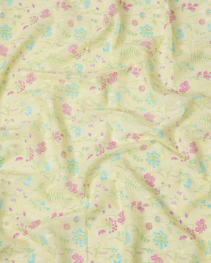 Lime Yellow Floral and Fern Printed Cotton Voile Fabric with Multicolor Mini Blooms, 110 Cms Width, Made in India-D24251