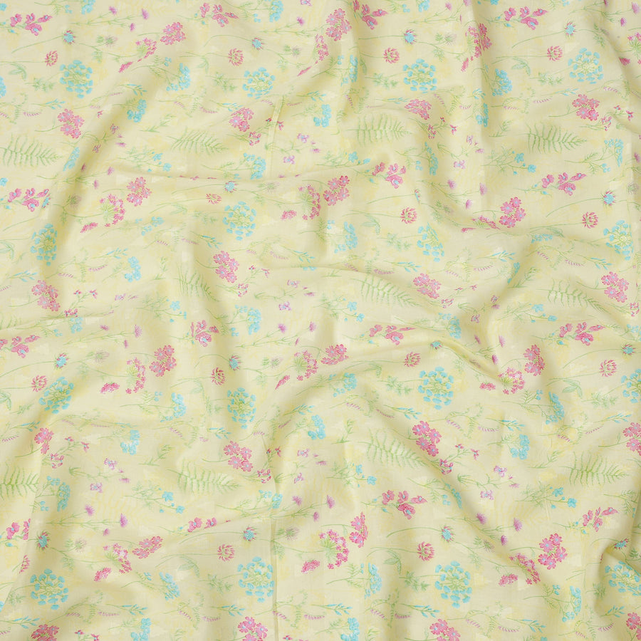Lime Yellow Floral and Fern Printed Cotton Voile Fabric with Multicolor Mini Blooms, 110 Cms Width, Made in India-D24251