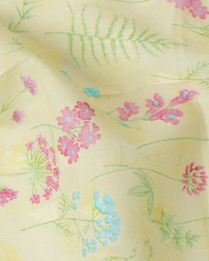 Lime Yellow Floral and Fern Printed Cotton Voile Fabric with Multicolor Mini Blooms, 110 Cms Width, Made in India-D24251