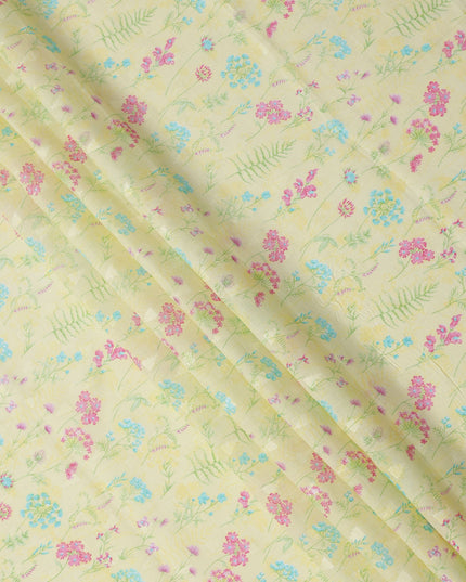 Lime Yellow Floral and Fern Printed Cotton Voile Fabric with Multicolor Mini Blooms, 110 Cms Width, Made in India-D24251
