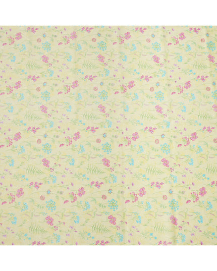 Lime Yellow Floral and Fern Printed Cotton Voile Fabric with Multicolor Mini Blooms, 110 Cms Width, Made in India-D24251