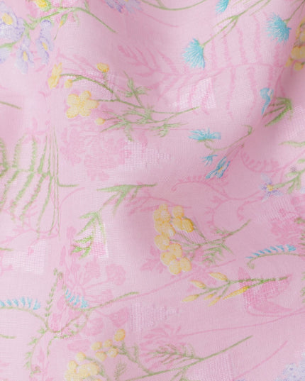 Baby Pink Botanical Floral Printed Cotton Voile Fabric with Pastel Yellow and Blue Accents, 110 Cms Width, Made in India-D24252