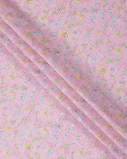 Baby Pink Botanical Floral Printed Cotton Voile Fabric with Pastel Yellow and Blue Accents, 110 Cms Width, Made in India-D24252