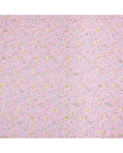 Baby Pink Botanical Floral Printed Cotton Voile Fabric with Pastel Yellow and Blue Accents, 110 Cms Width, Made in India-D24252