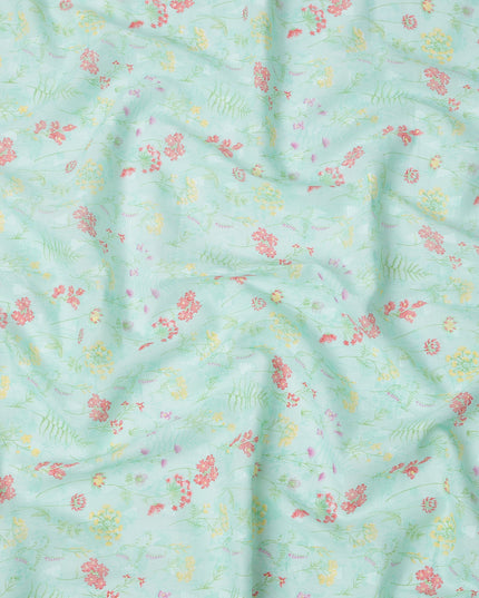 Mint Green Base with Multicolor Floral and Fern Print Cotton Voile Fabric, 110 Cms Width, Made in India-D24253