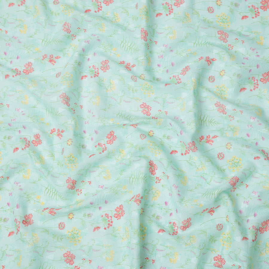 Mint Green Base with Multicolor Floral and Fern Print Cotton Voile Fabric, 110 Cms Width, Made in India-D24253