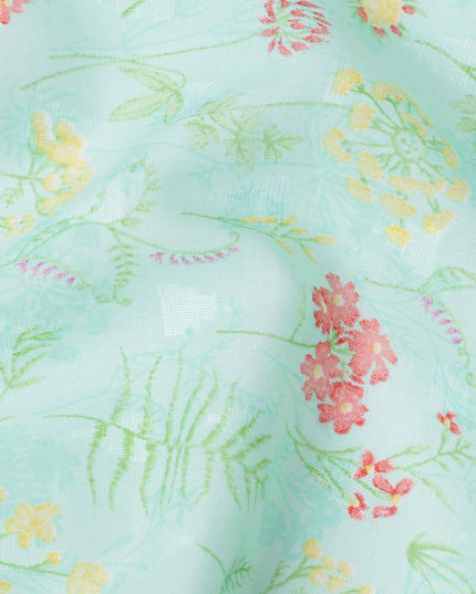 Mint Green Base with Multicolor Floral and Fern Print Cotton Voile Fabric, 110 Cms Width, Made in India-D24253