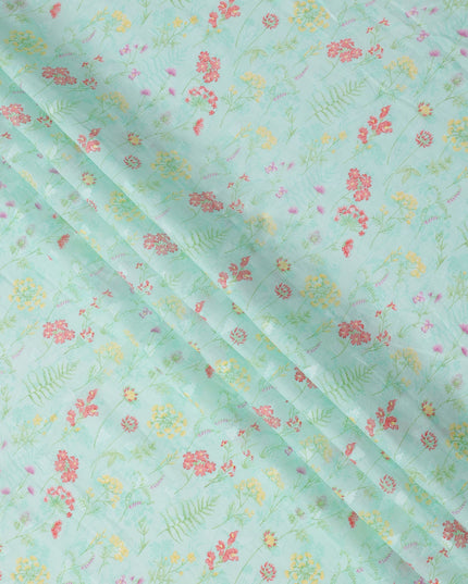 Mint Green Base with Multicolor Floral and Fern Print Cotton Voile Fabric, 110 Cms Width, Made in India-D24253
