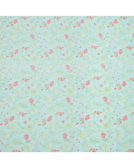 Mint Green Base with Multicolor Floral and Fern Print Cotton Voile Fabric, 110 Cms Width, Made in India-D24253