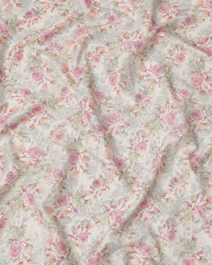 Off-White Rose Floral Printed Cotton Voile Fabric with Peach and Pink Tones, 110 Cms Width, Made in India-D24254