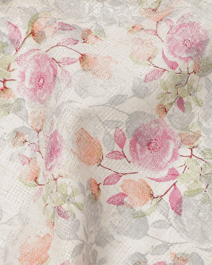 Off-White Rose Floral Printed Cotton Voile Fabric with Peach and Pink Tones, 110 Cms Width, Made in India-D24254