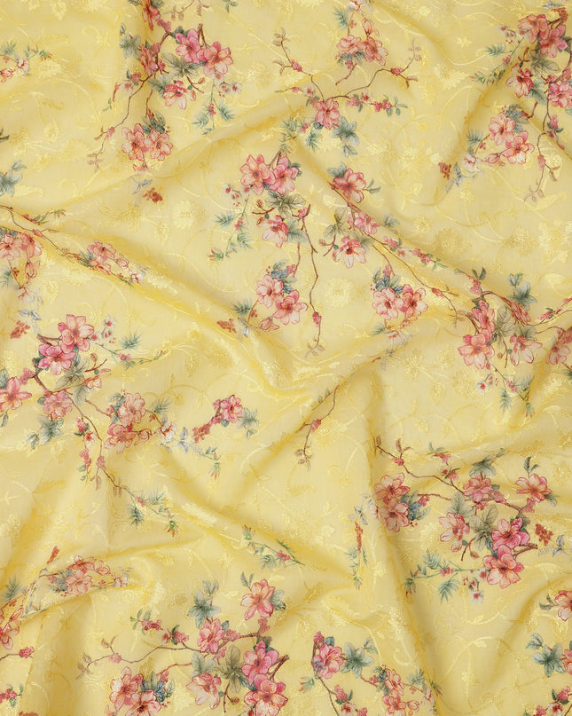Lemon Yellow Floral Printed Cotton Voile Fabric with Intricate Golden Embroidery, 110 Cms Width, Made in India-D24256