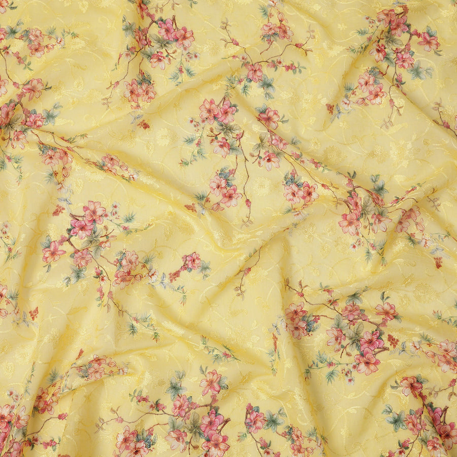 Lemon Yellow Floral Printed Cotton Voile Fabric with Intricate Golden Embroidery, 110 Cms Width, Made in India-D24256