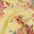 Lemon Yellow Floral Printed Cotton Voile Fabric with Intricate Golden Embroidery, 110 Cms Width, Made in India-D24256