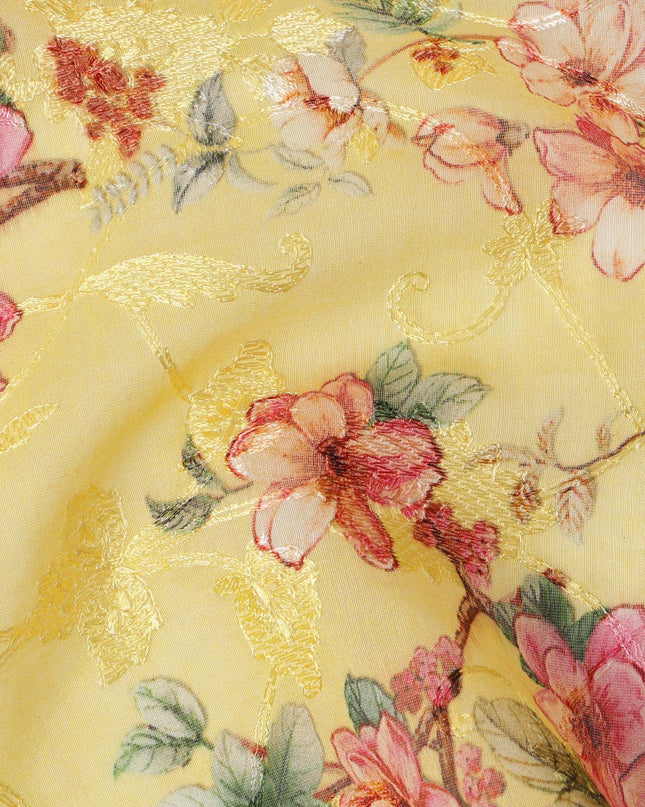 Lemon Yellow Floral Printed Cotton Voile Fabric with Intricate Golden Embroidery, 110 Cms Width, Made in India-D24256