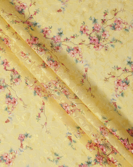 Lemon Yellow Floral Printed Cotton Voile Fabric with Intricate Golden Embroidery, 110 Cms Width, Made in India-D24256