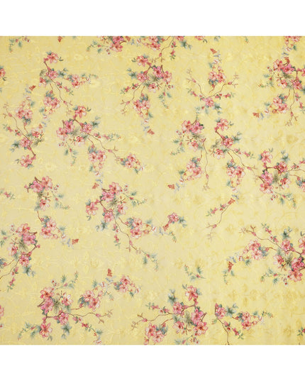 Lemon Yellow Floral Printed Cotton Voile Fabric with Intricate Golden Embroidery, 110 Cms Width, Made in India-D24256