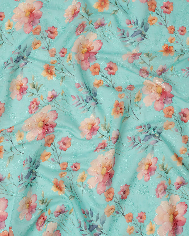 Aqua Blue Floral Printed Cotton Voile Fabric with Subtle Self-Embroidery Accents, 110 Cms Width, Made in India-D24257