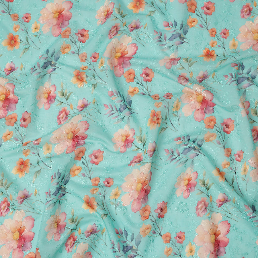 Aqua Blue Floral Printed Cotton Voile Fabric with Subtle Self-Embroidery Accents, 110 Cms Width, Made in India-D24257