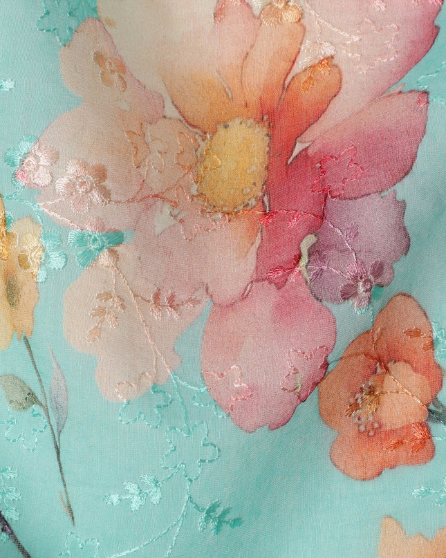 Aqua Blue Floral Printed Cotton Voile Fabric with Subtle Self-Embroidery Accents, 110 Cms Width, Made in India-D24257