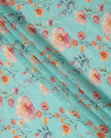 Aqua Blue Floral Printed Cotton Voile Fabric with Subtle Self-Embroidery Accents, 110 Cms Width, Made in India-D24257