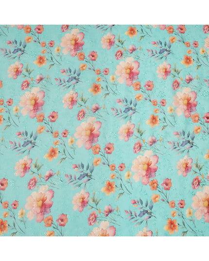 Aqua Blue Floral Printed Cotton Voile Fabric with Subtle Self-Embroidery Accents, 110 Cms Width, Made in India-D24257