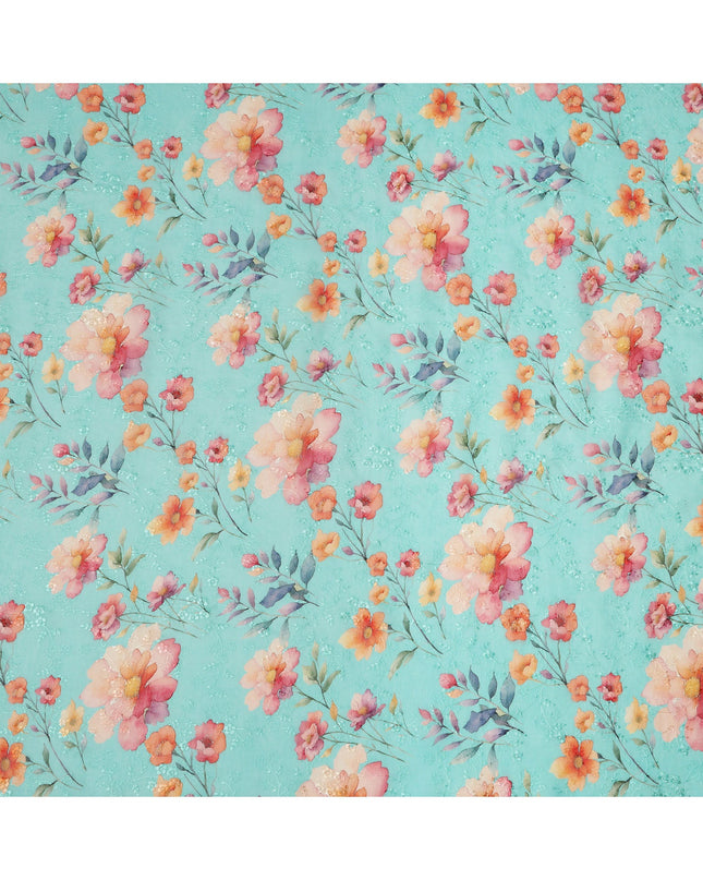 Aqua Blue Floral Printed Cotton Voile Fabric with Subtle Self-Embroidery Accents, 110 Cms Width, Made in India-D24257