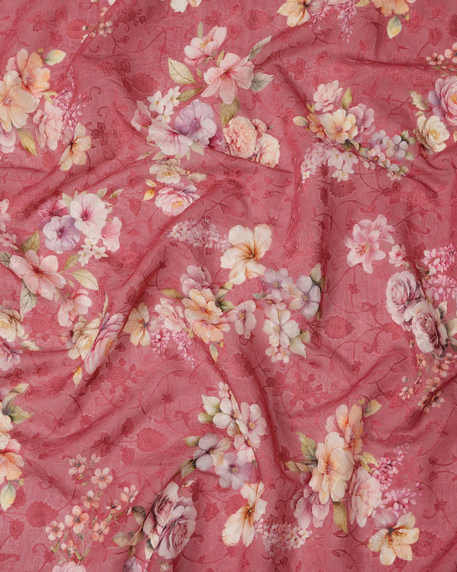 Rose Pink Floral Printed Cotton Voile Fabric with Tonal Self-Embroidery, 110 Cms Width, Made in India-D24258