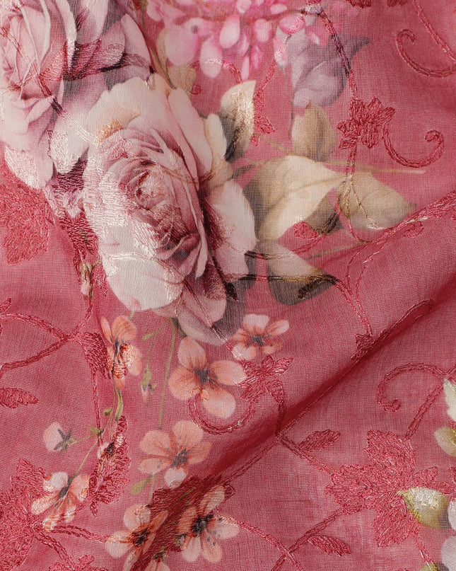 Rose Pink Floral Printed Cotton Voile Fabric with Tonal Self-Embroidery, 110 Cms Width, Made in India-D24258