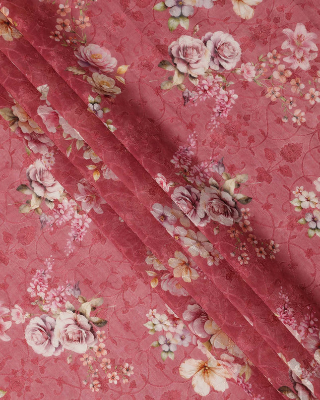 Rose Pink Floral Printed Cotton Voile Fabric with Tonal Self-Embroidery, 110 Cms Width, Made in India-D24258