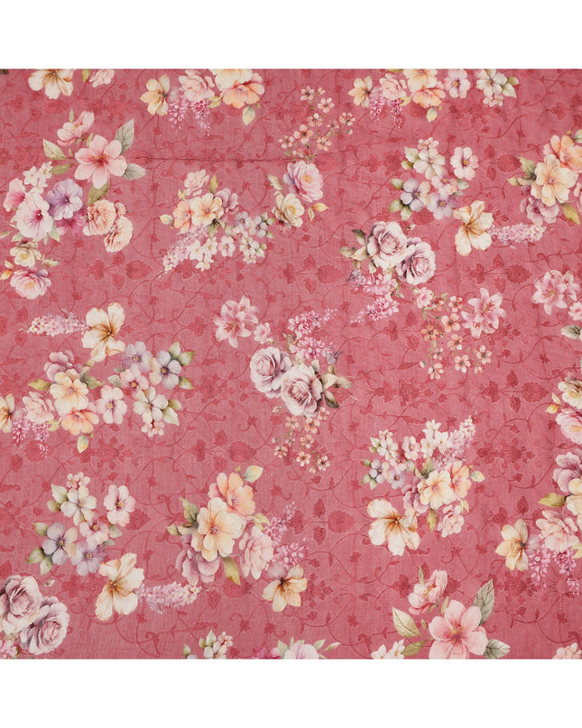 Rose Pink Floral Printed Cotton Voile Fabric with Tonal Self-Embroidery, 110 Cms Width, Made in India-D24258