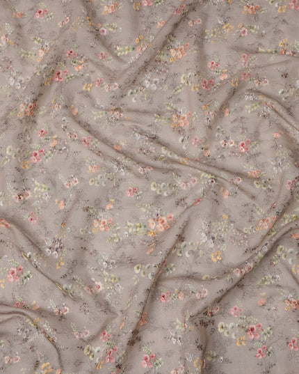 Taupe Brown Micro Floral Printed Cotton Voile Fabric with Tonal Self-Embroidery, 110 Cms Width, Made in India-D24259