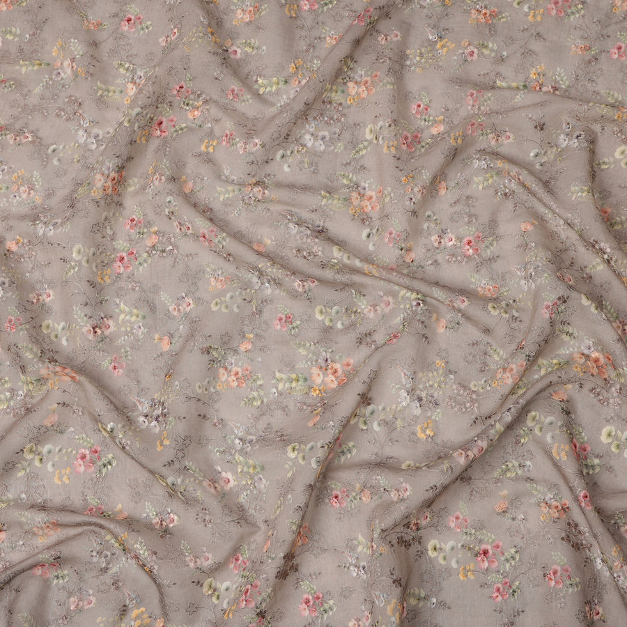 Taupe Brown Micro Floral Printed Cotton Voile Fabric with Tonal Self-Embroidery, 110 Cms Width, Made in India-D24259
