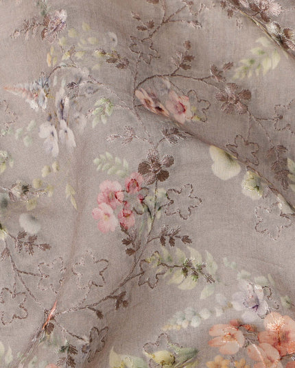 Taupe Brown Micro Floral Printed Cotton Voile Fabric with Tonal Self-Embroidery, 110 Cms Width, Made in India-D24259
