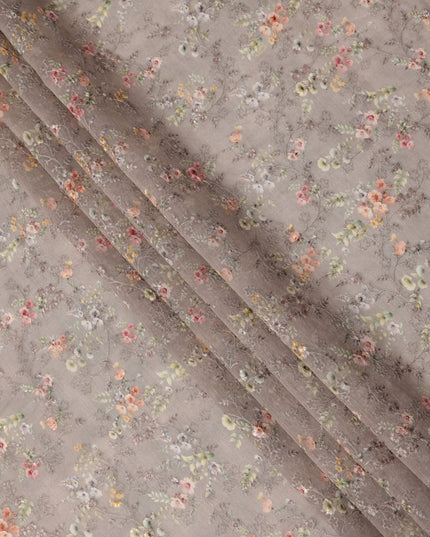 Taupe Brown Micro Floral Printed Cotton Voile Fabric with Tonal Self-Embroidery, 110 Cms Width, Made in India-D24259