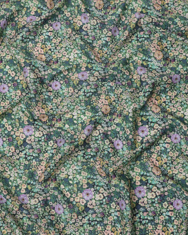 Forest Green Dense Floral Printed Cotton Lawn Fabric with Multicolor Wildflower Motifs, 110 Cms Width, Made in India-D24260