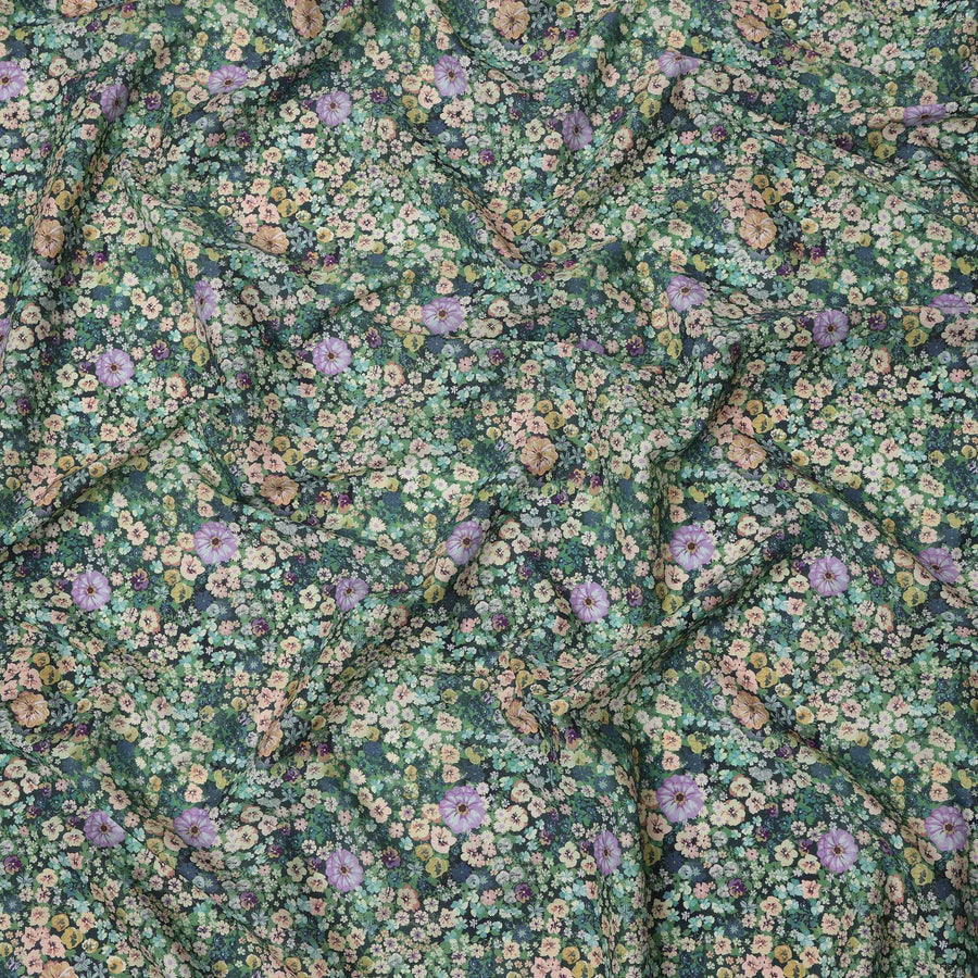 Forest Green Dense Floral Printed Cotton Lawn Fabric with Multicolor Wildflower Motifs, 110 Cms Width, Made in India-D24260
