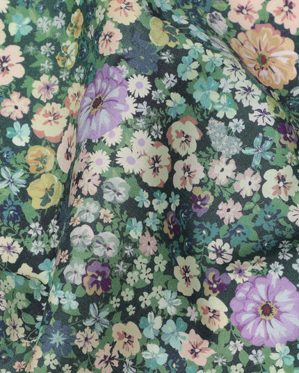 Forest Green Dense Floral Printed Cotton Lawn Fabric with Multicolor Wildflower Motifs, 110 Cms Width, Made in India-D24260