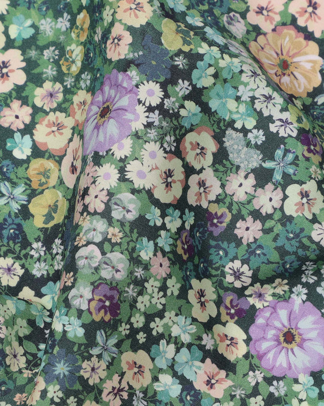 Forest Green Dense Floral Printed Cotton Lawn Fabric with Multicolor Wildflower Motifs, 110 Cms Width, Made in India-D24260