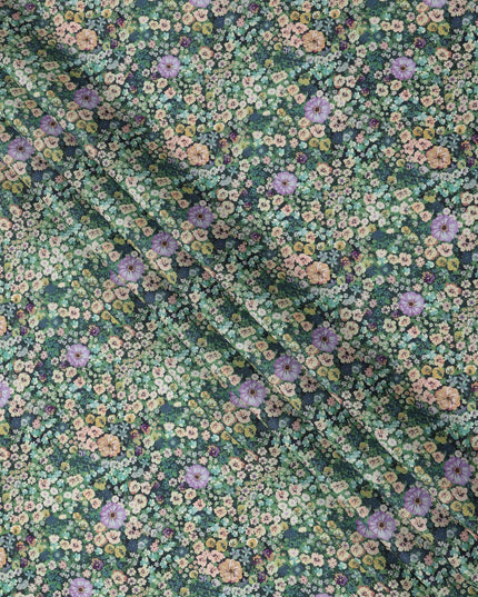 Forest Green Dense Floral Printed Cotton Lawn Fabric with Multicolor Wildflower Motifs, 110 Cms Width, Made in India-D24260