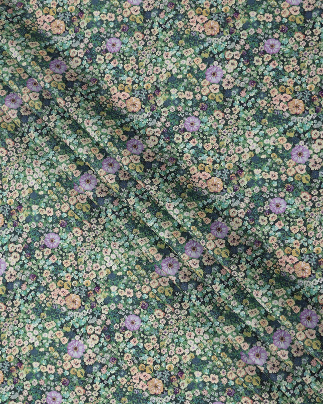Forest Green Dense Floral Printed Cotton Lawn Fabric with Multicolor Wildflower Motifs, 110 Cms Width, Made in India-D24260